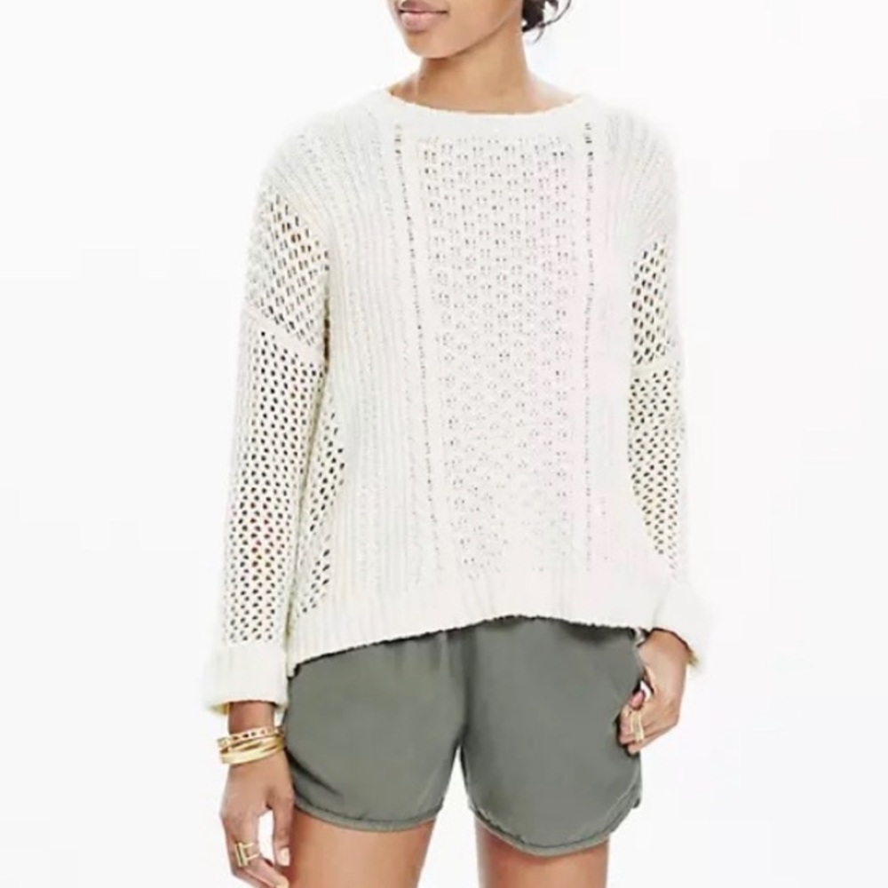 Madewell White Open-Stitch Fisherman Sweater